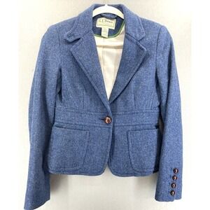 LL Bean Womens Blazer 4 Shetland Wool Blue Embroidered Dog Pockets Button EUC